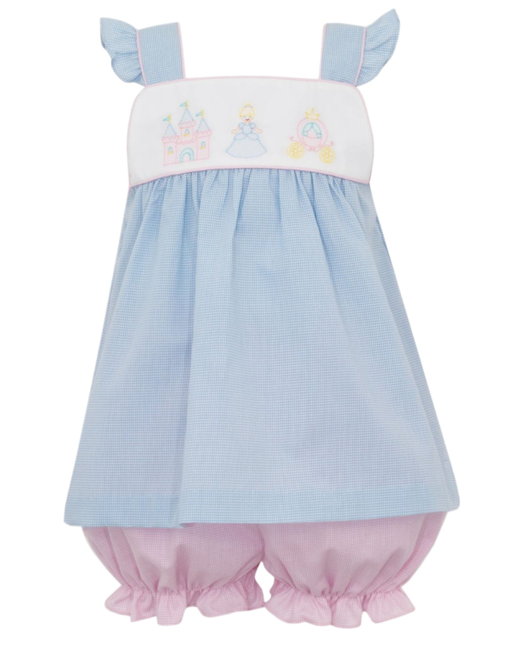 Cinderella Embroidered Blue Check Bloomer Set, Front