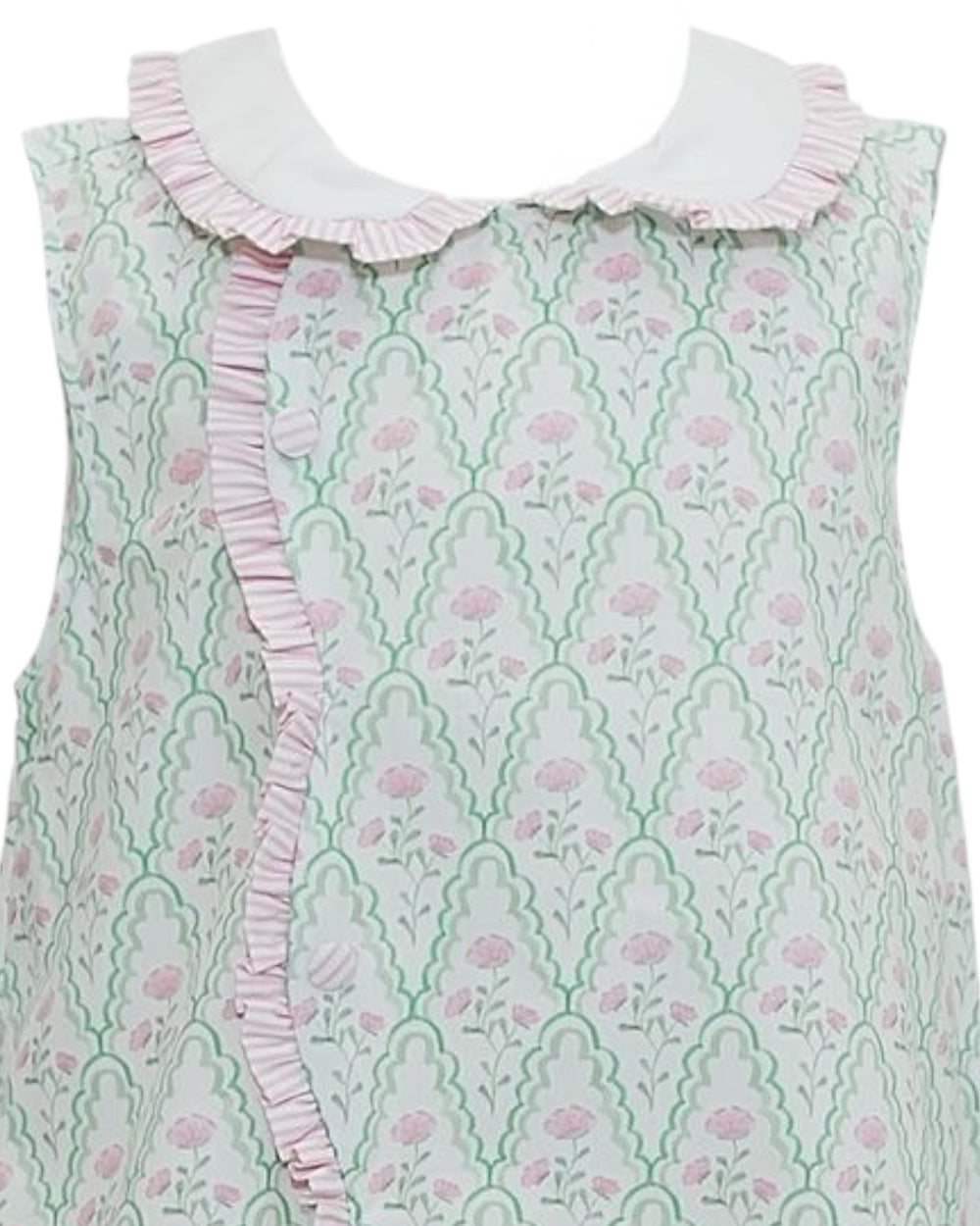 Floral patterned dress with ruffled collar on a white background