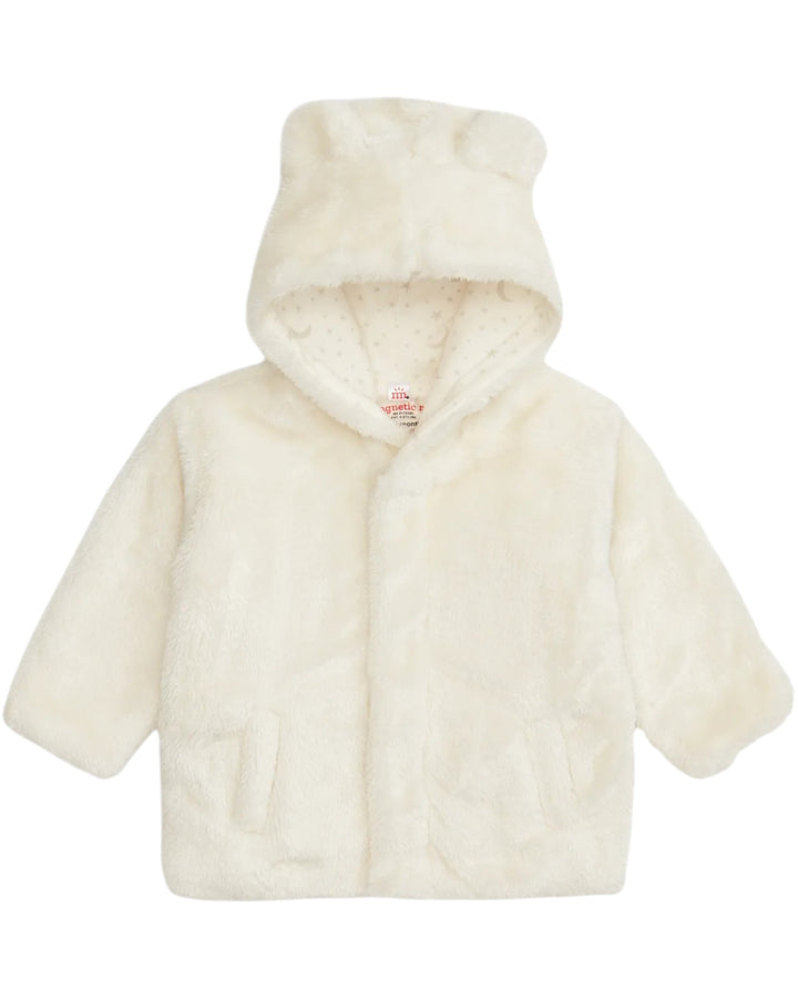 White fur jacket with hood on a white background
