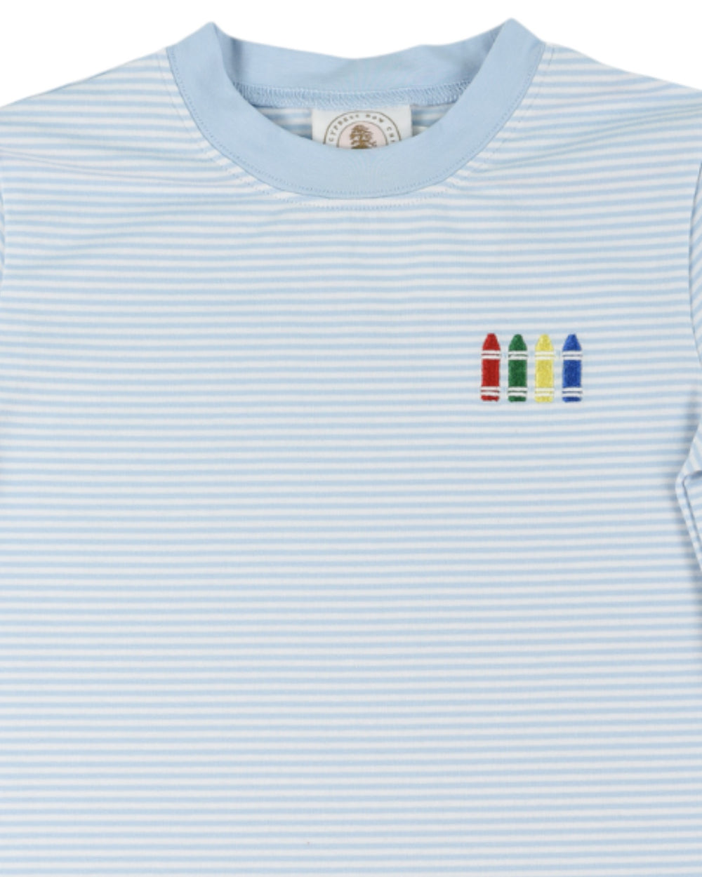 Light blue striped shirt with colorful crayon design on a white background