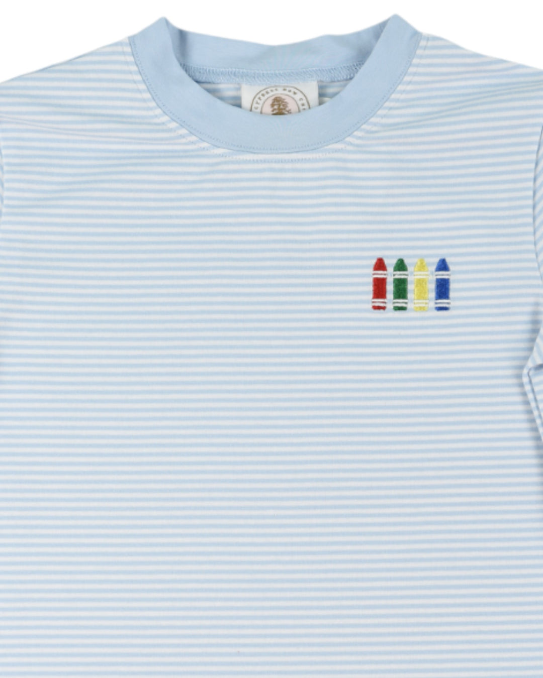 Light blue striped shirt with colorful crayon design on a white background