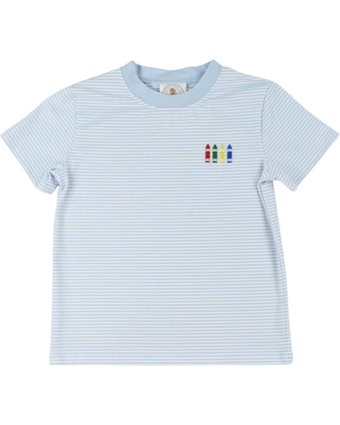Light blue striped t-shirt with colorful crayon design on a white background