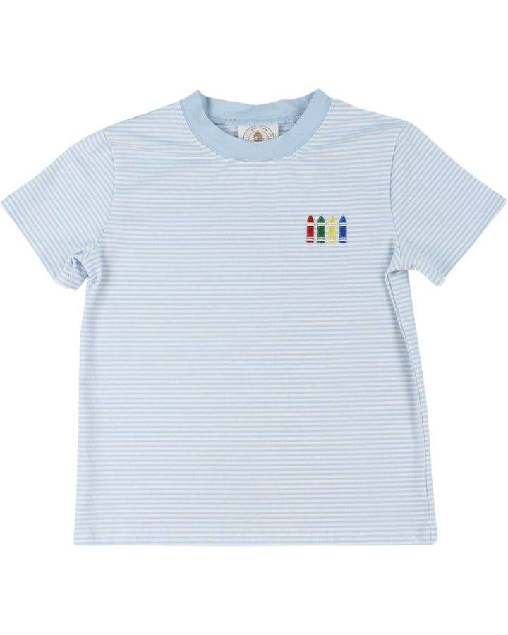 Light blue striped t-shirt with colorful crayon design on a white background