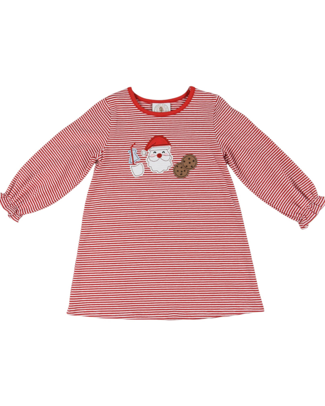 Red and white striped dress with Santa Claus design on a white background