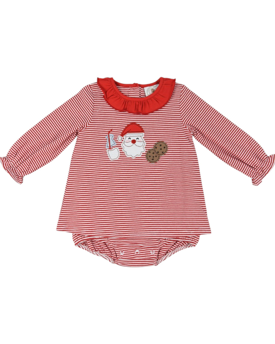Red and white striped baby romper with Santa Claus design on a white background