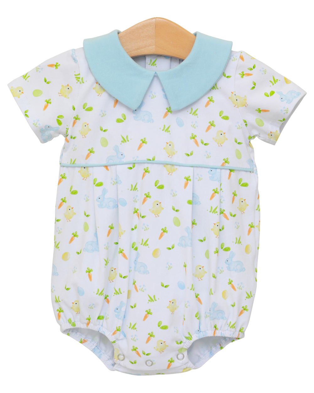 Baby romper with duck pattern and light blue collar on a white background