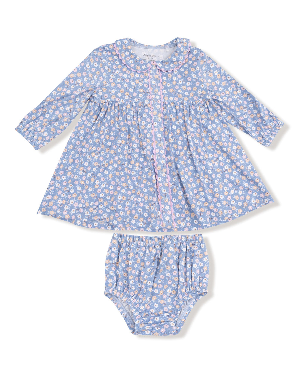 Baby dress and bloomers set with floral pattern on a white background