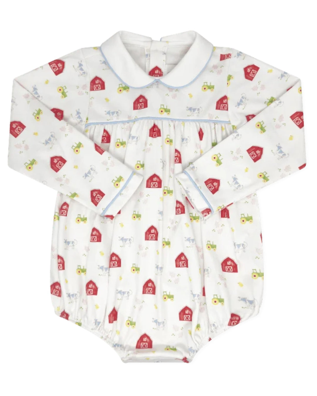 A baby long-sleeve romper in white fabric with a repeating pattern of red barns, green tractors, and small farm animals, featuring a Peter Pan collar and light blue piping details, that store
