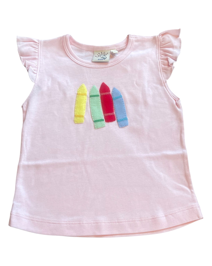 Pink sleeveless top with colorful crayon design on a white background