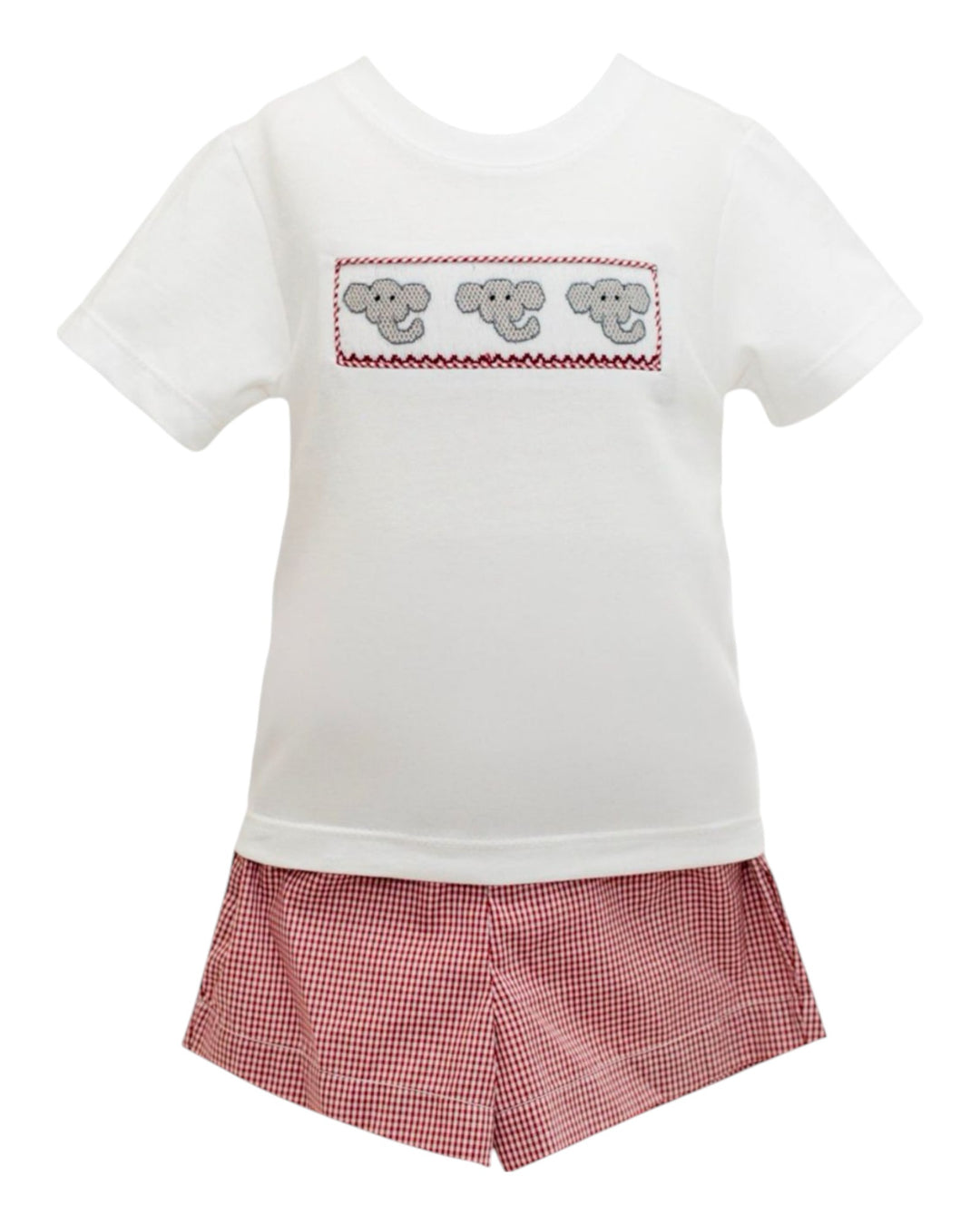 White t-shirt with embroidered elephants and a red checkered skirt on a white background