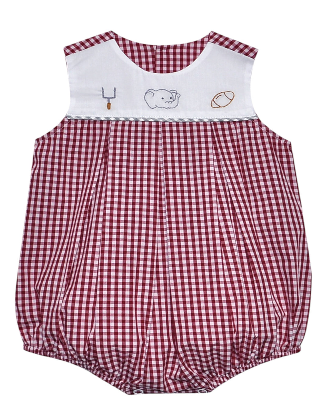 Red and white checkered baby romper with cartoon design on a white background