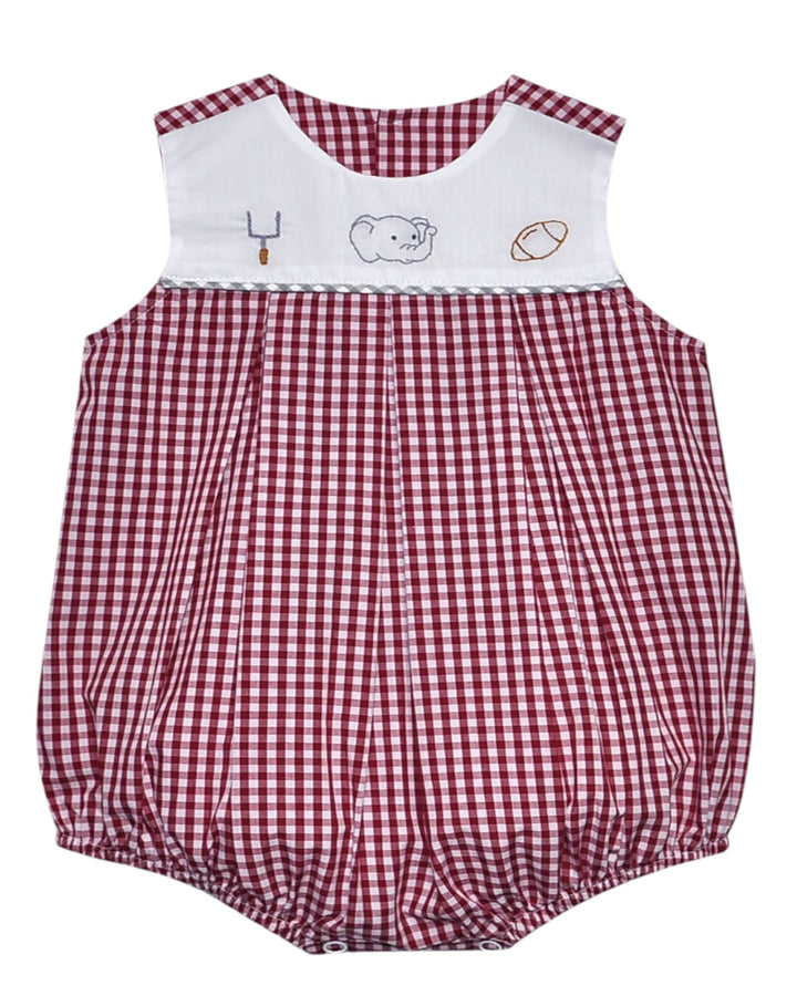 Red and white checkered baby romper with cartoon design on a white background