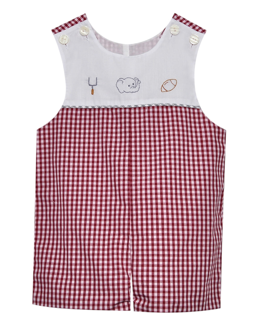 Red and white checkered romper with embroidered details on a white background