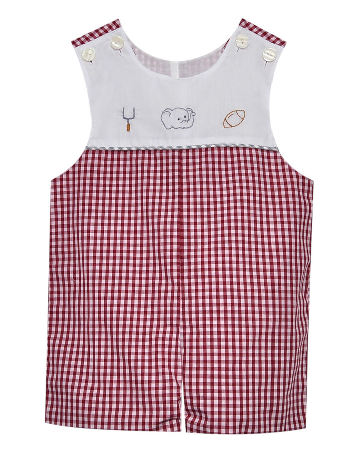 Red and white checkered romper with embroidered details on a white background