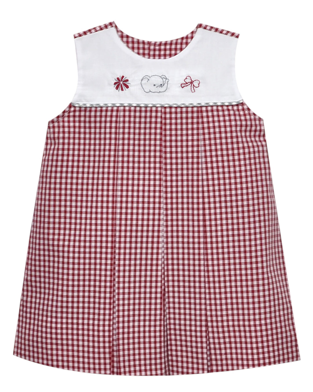 Red and white checkered dress with embroidered details on a white background