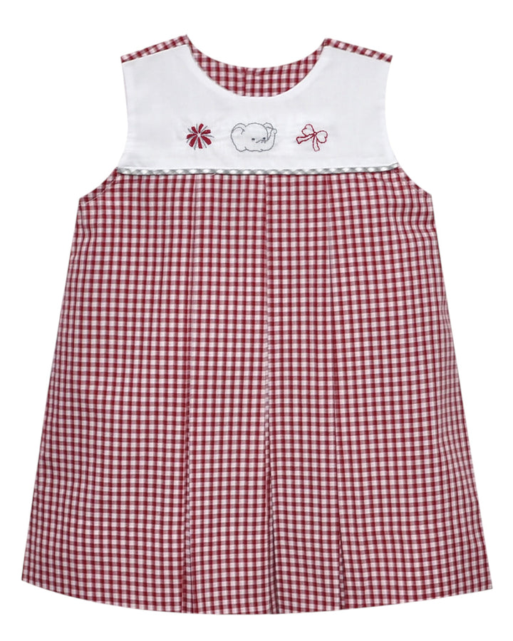 Red and white checkered dress with embroidered details on a white background