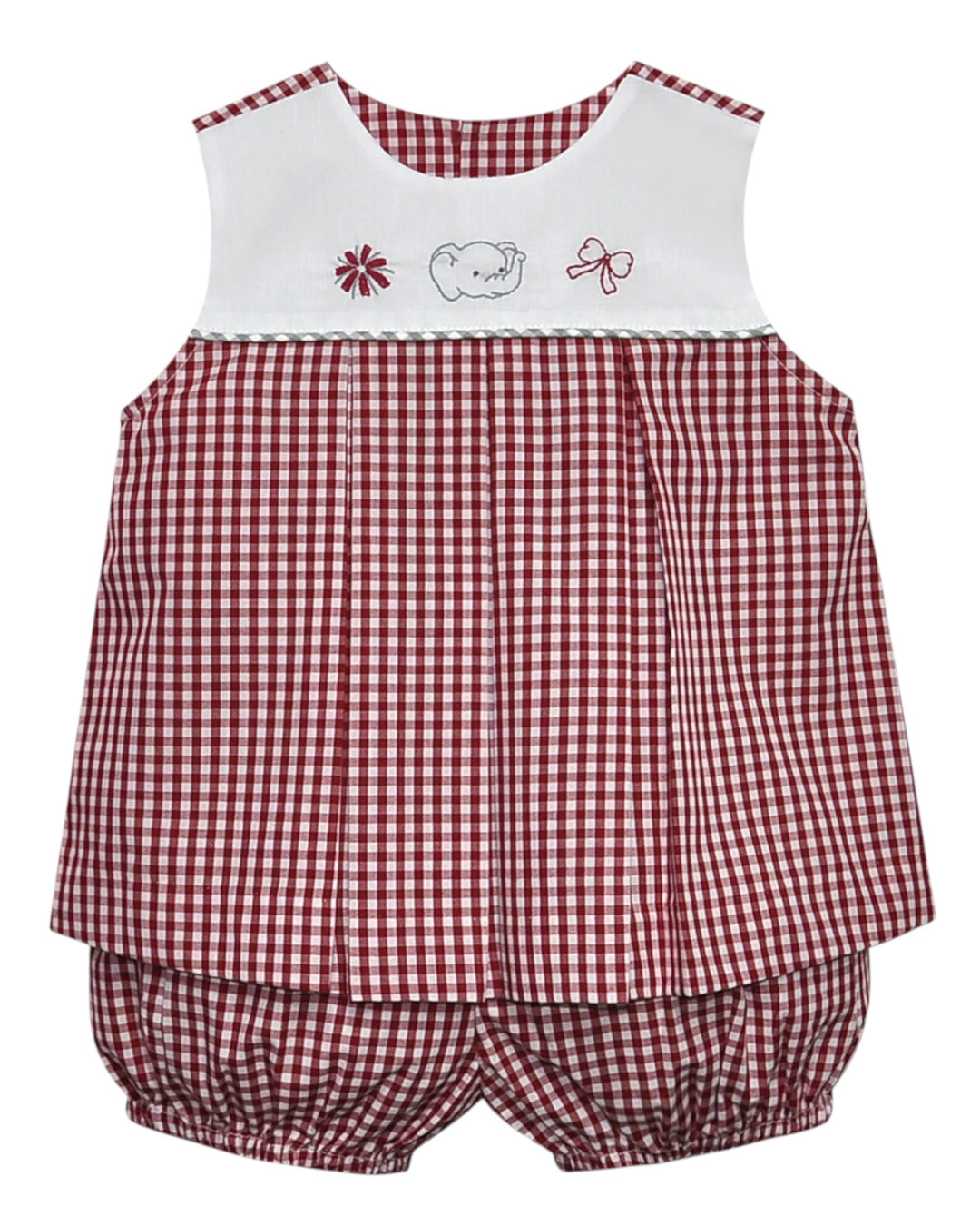 Red and white checkered baby outfit with floral and bow details on a white background