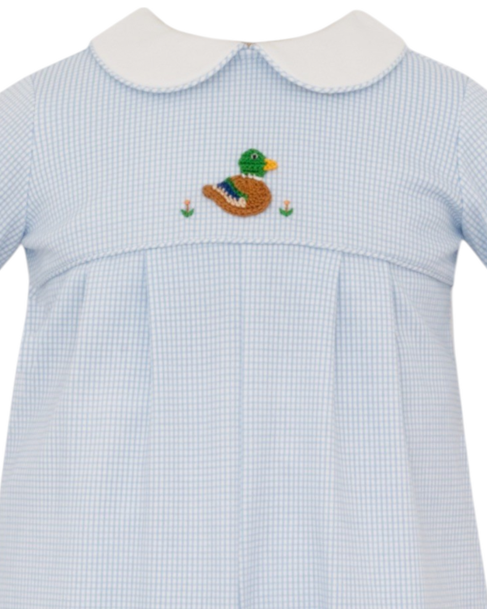Crocheted Mallard Duck Blue Check Boys Romper, That Store, close