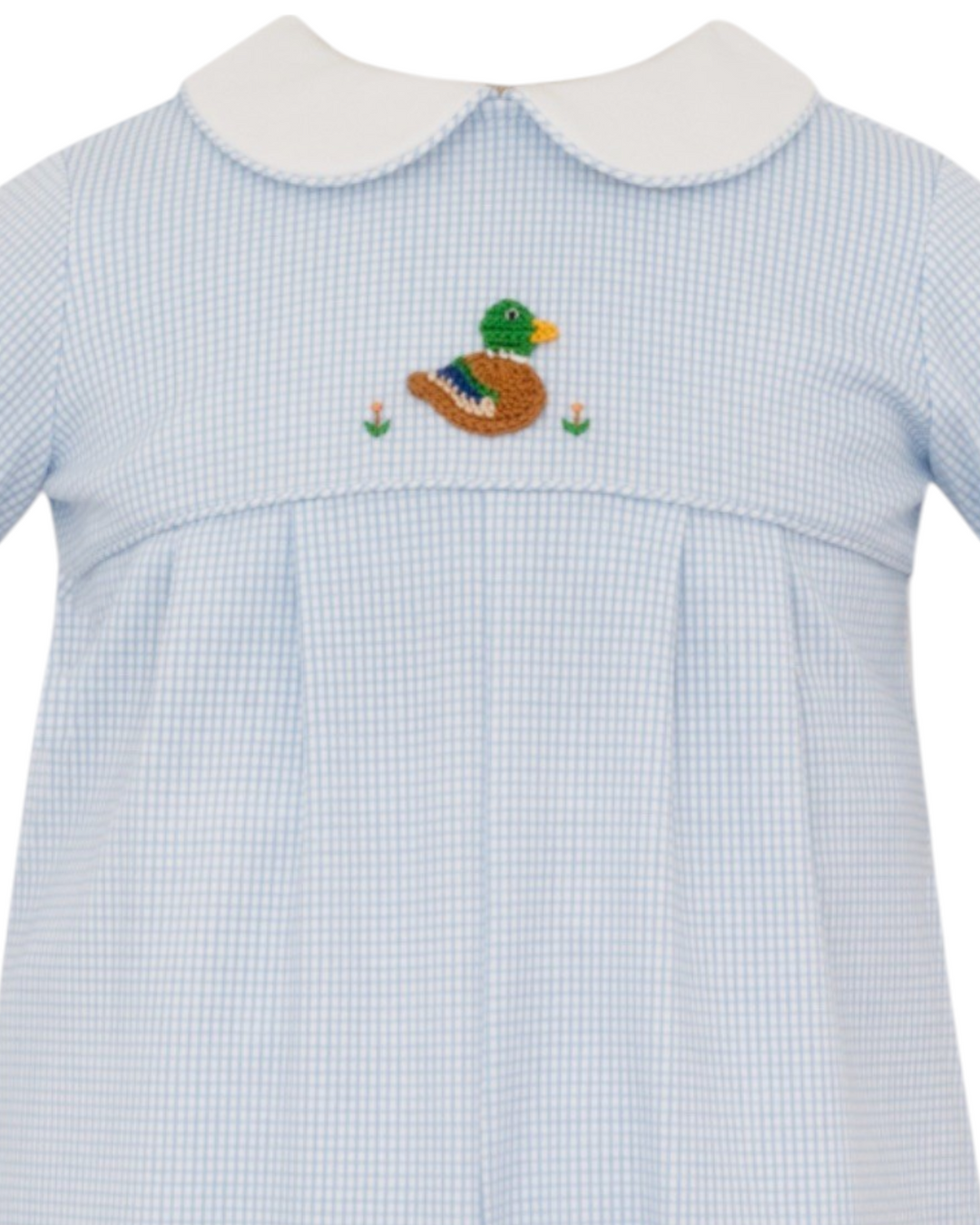 Crocheted Mallard Duck Blue Check Boys Romper, That Store, close