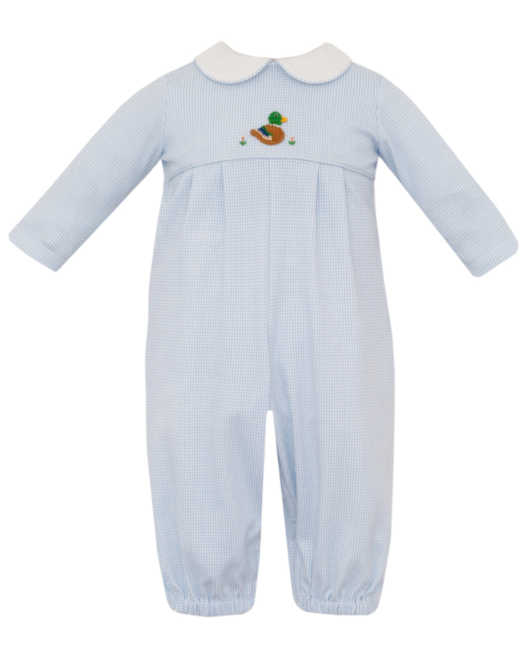 Crocheted Mallard Duck Blue Check Boys Romper, That Store, front