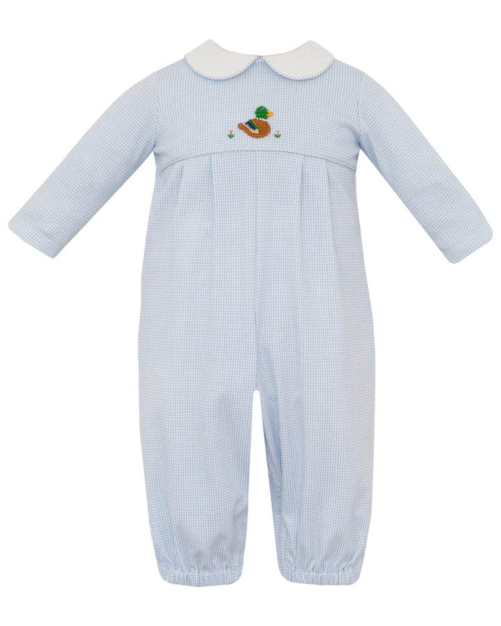 Crocheted Mallard Duck Blue Check Boys Romper, That Store, front
