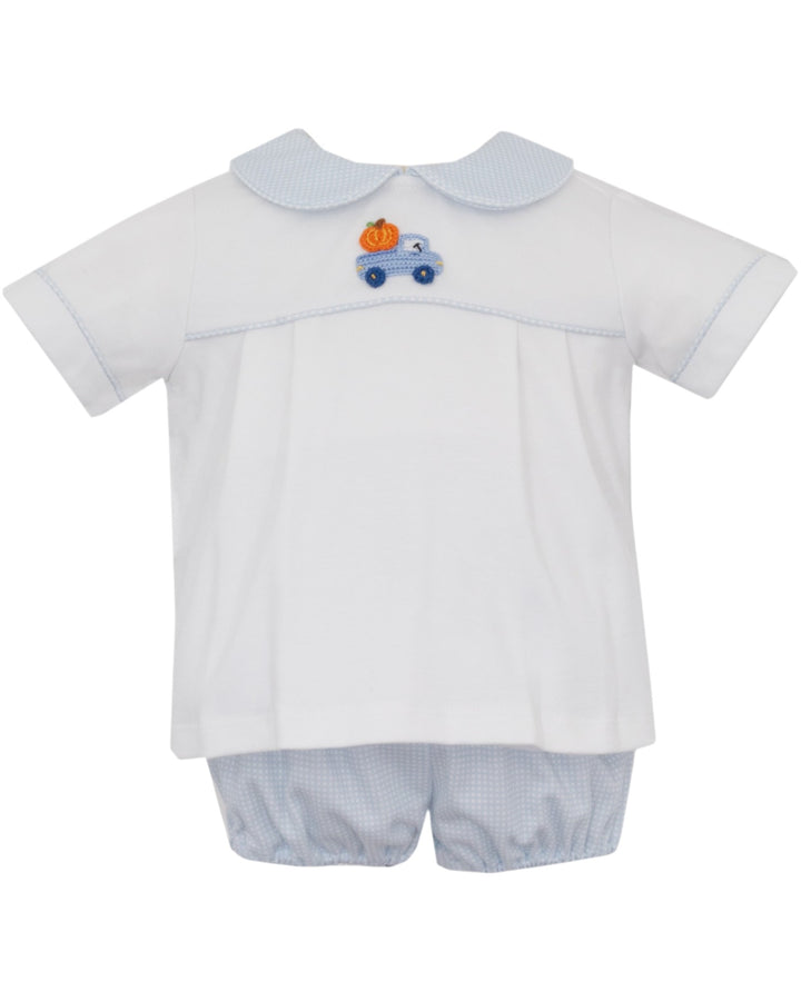 A baby short-sleeve romper set featuring a white top with a light blue Peter Pan collar and a small embroidered blue car with an orange pumpkin on the chest, paired with matching light blue gingham bloomers, that store