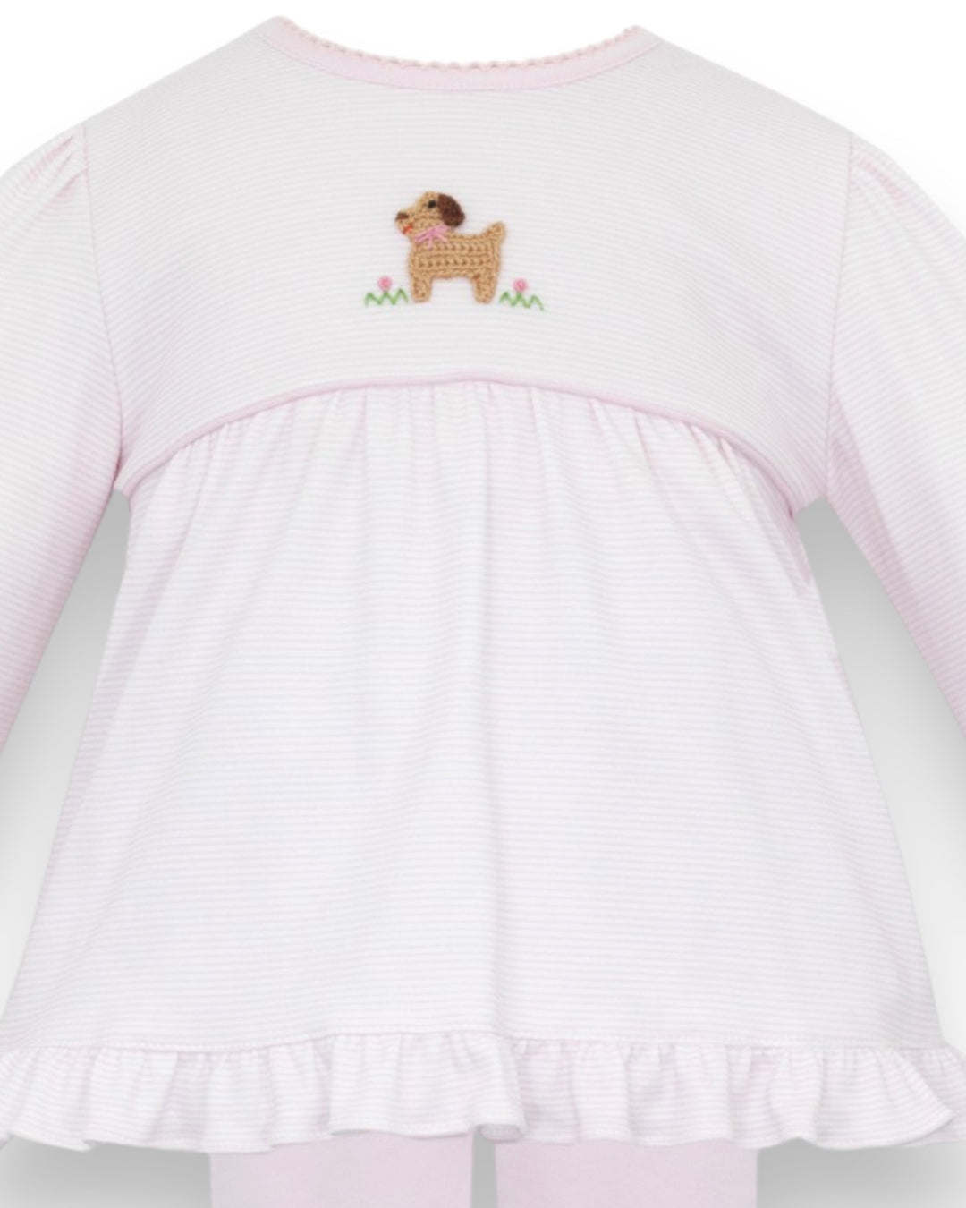 A close-up of a light pink and white vertically striped long-sleeve baby top, showing the back view with a small embroidered dog motif on the upper back, that store