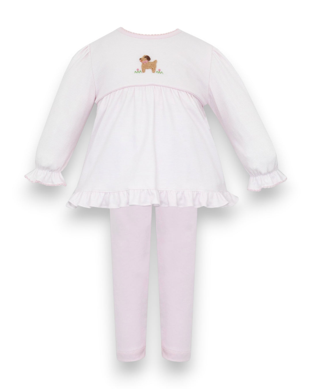 A two-piece baby pajama set featuring a long-sleeve top and matching pants in light pink. The top has a ruffled hem, long sleeves with ruffled cuffs, and a small embroidered dog motif on the upper back, that store