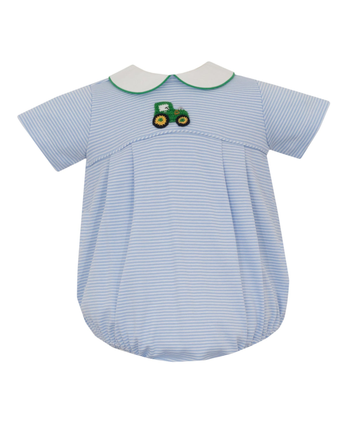 A baby short-sleeve bubble romper in light blue and white stripes, featuring a green and yellow embroidered tractor motif on the chest and a white Peter Pan collar with green trim, that store