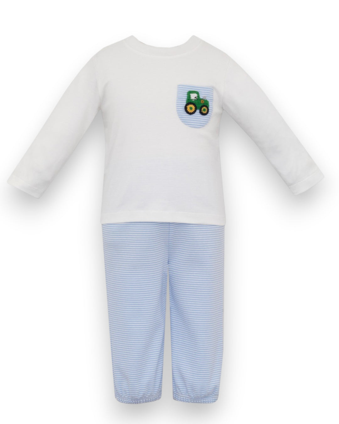 A baby two-piece outfit featuring a white long-sleeve top with a small blue-striped chest pocket and a green tractor applique, paired with light blue and white striped pants, that store