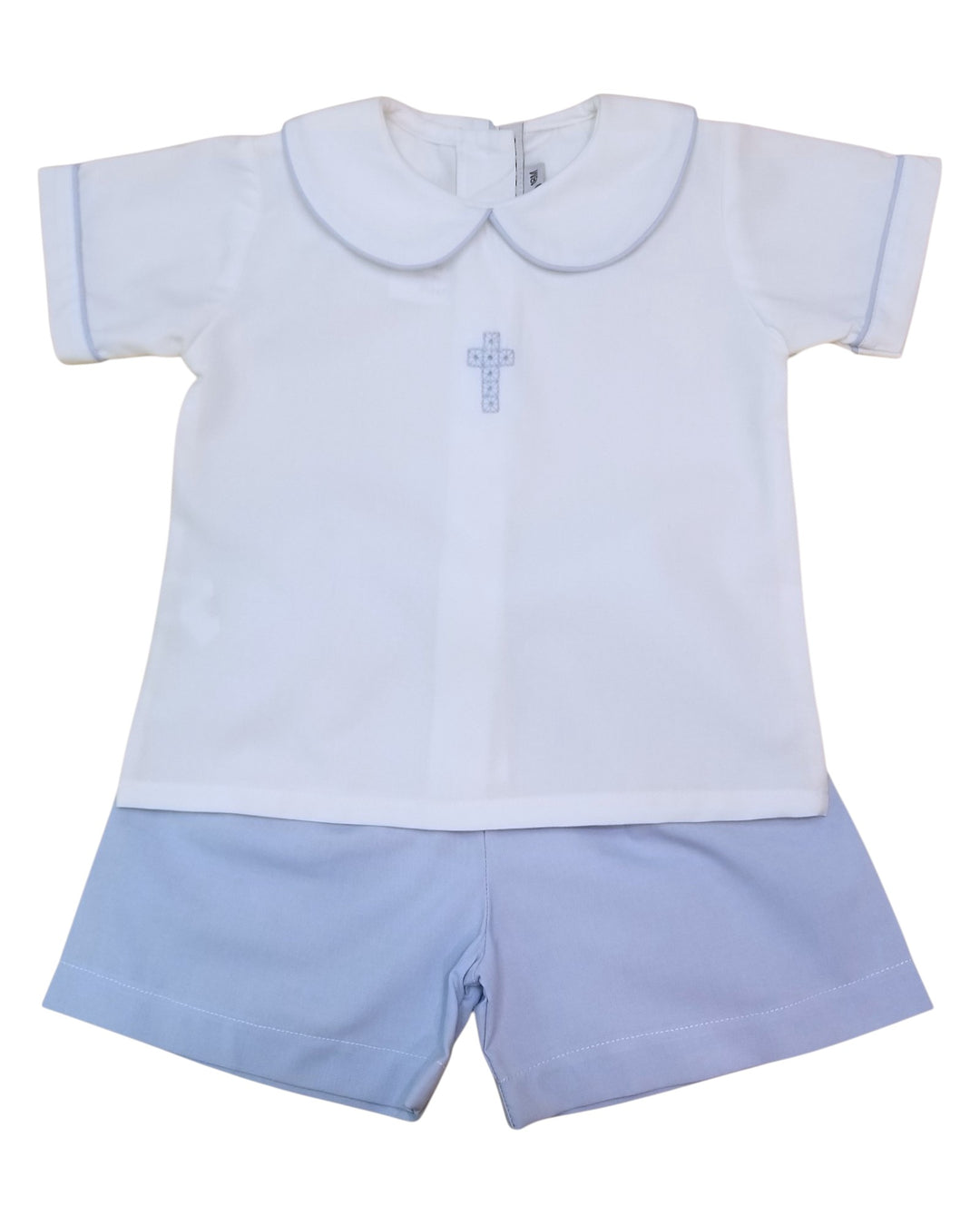 Light blue children's outfit with a cross design on a white background