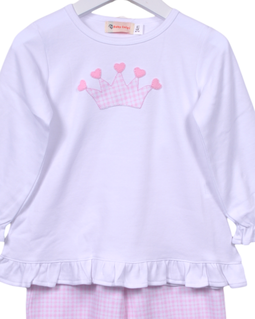 Crown with Hearts Applique Pink Check Bloomer Pant Set, close up