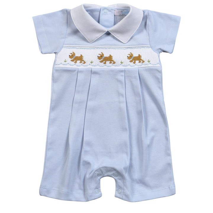 Smocked Dogs Blue Pima Romper, front