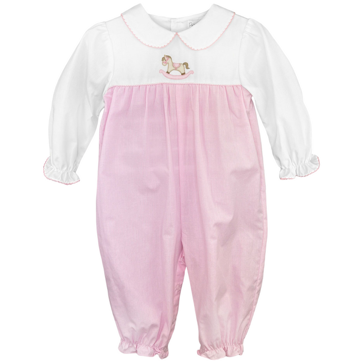 Petit Ami Rocking Horse Pink Check Romper, front