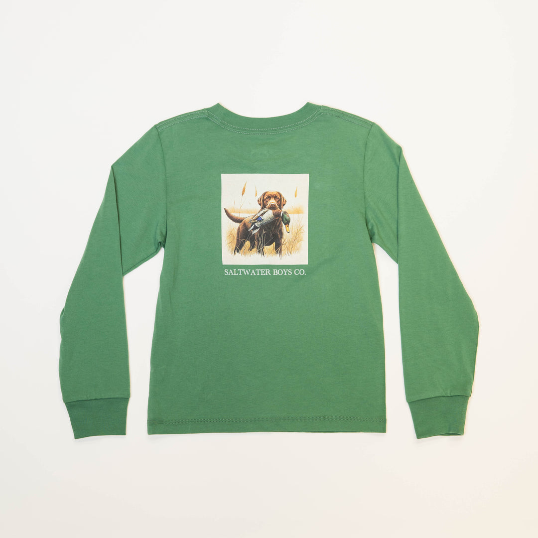 Dark Green Long Sleeve Boys Tee with Lab and Duck