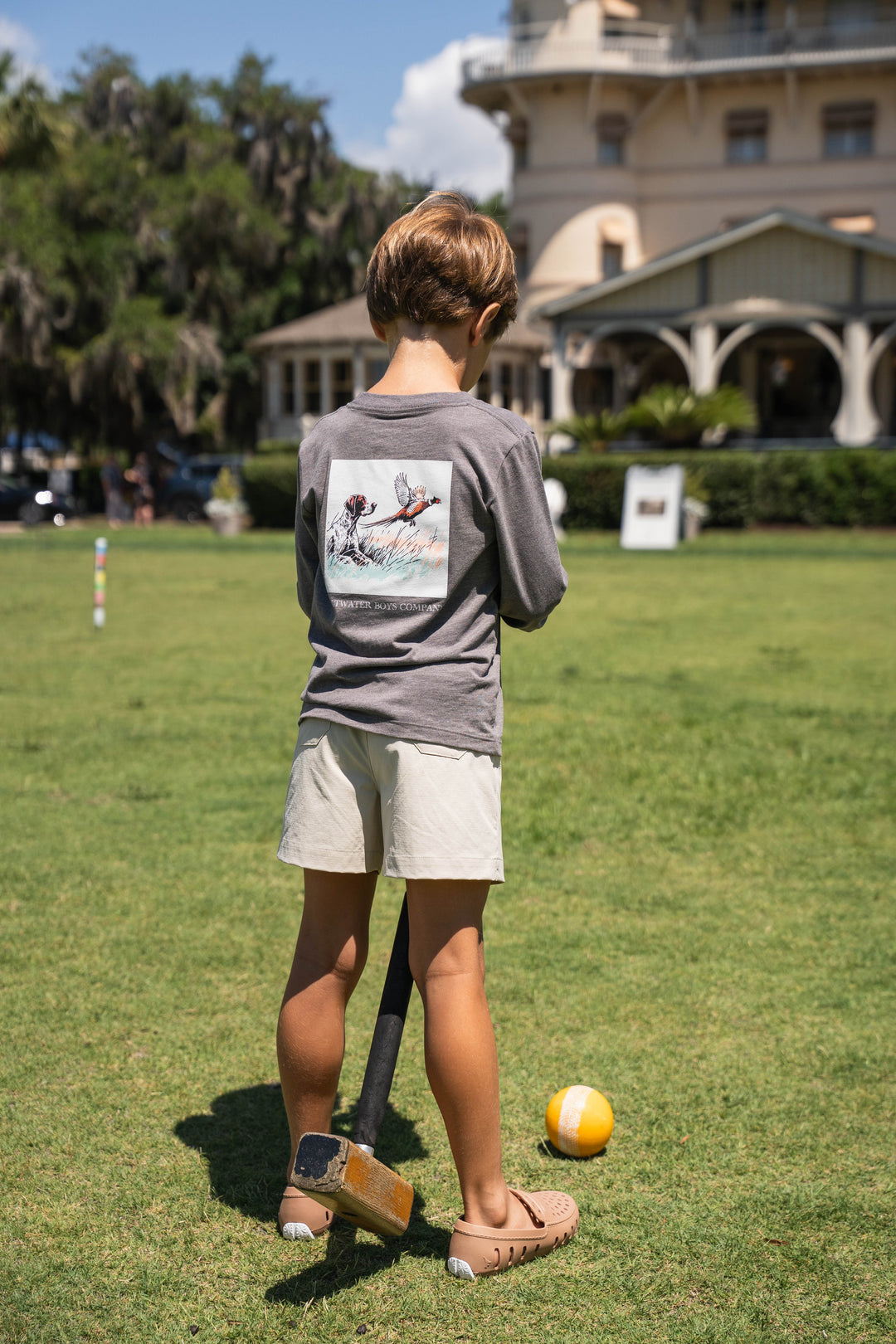 Heather Brown Long Sleeve Boys Tee with Hunt Scene