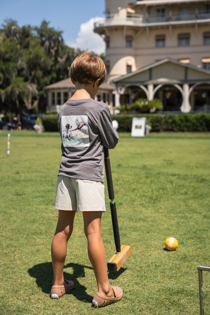Heather Brown Long Sleeve Boys Tee with Hunt Scene