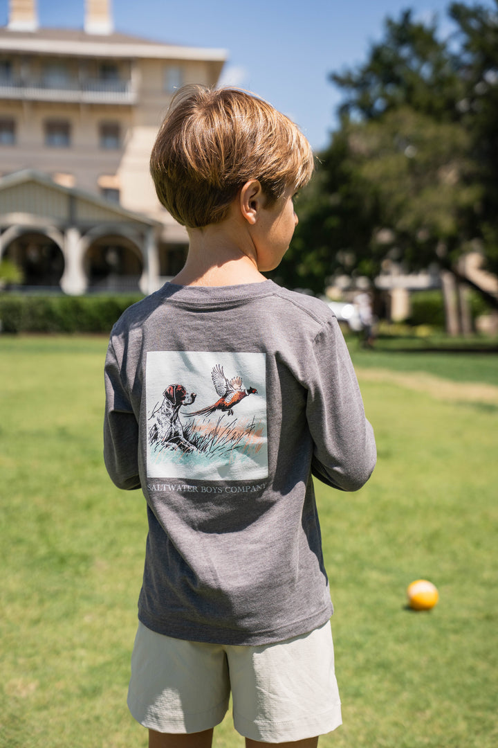 Heather Brown Long Sleeve Boys Tee with Hunt Scene
