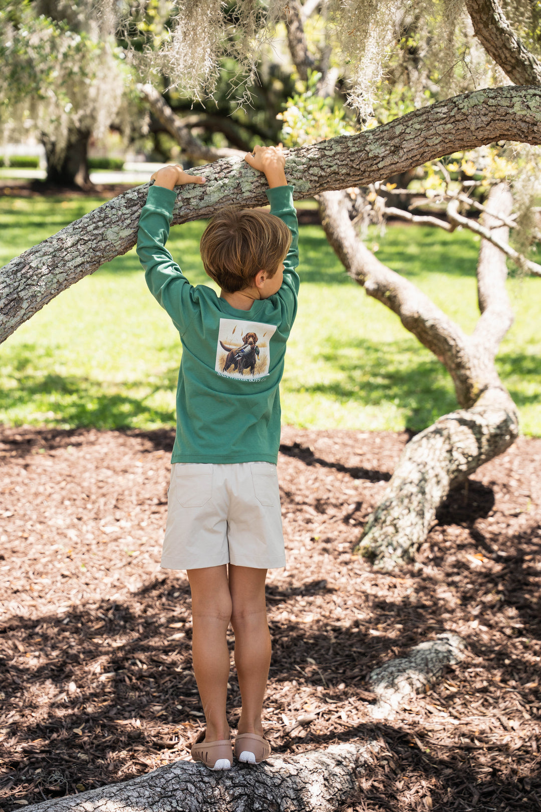 Dark Green Long Sleeve Boys Tee with Lab and Duck