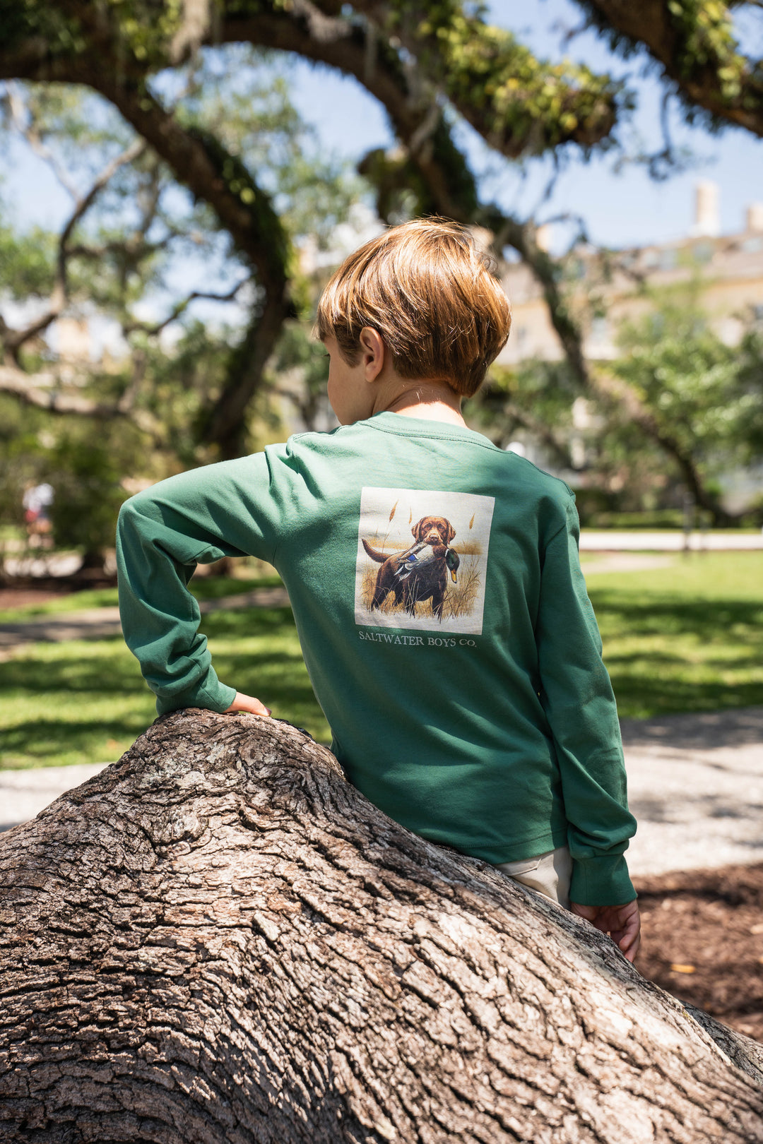 Dark Green Long Sleeve Boys Tee with Lab and Duck