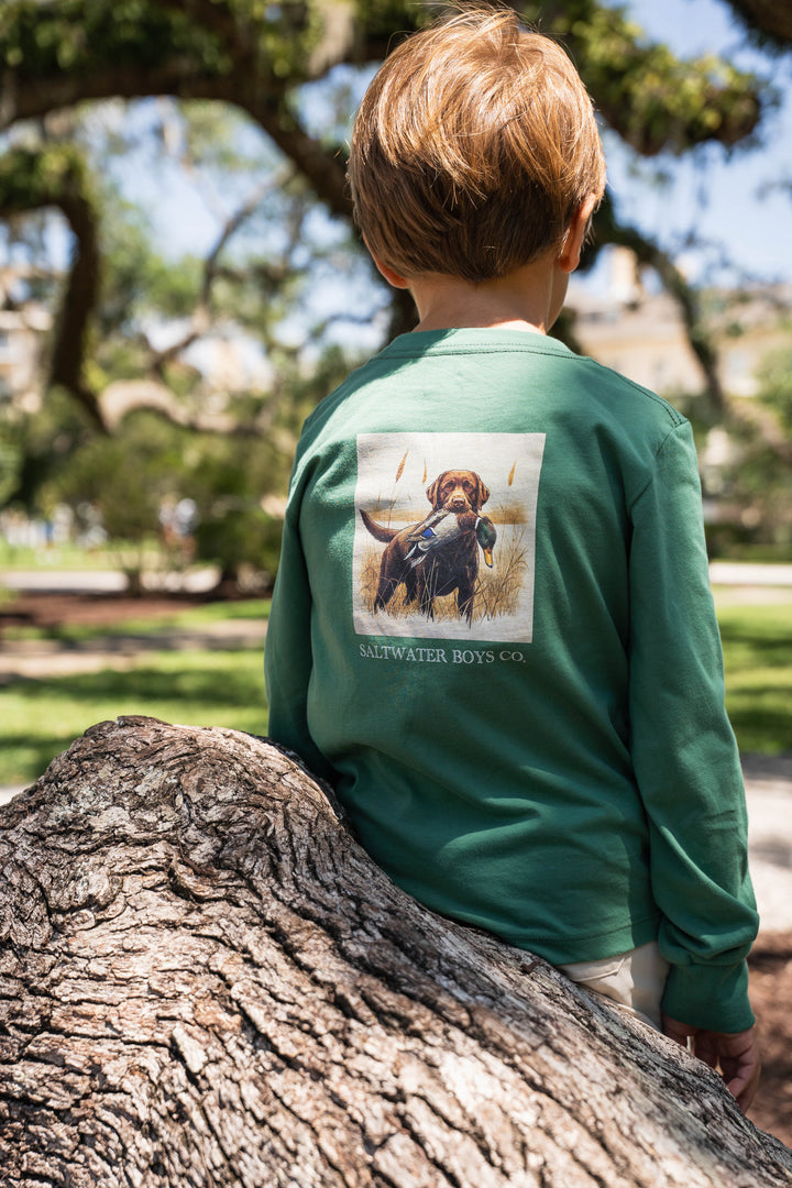 Dark Green Long Sleeve Boys Tee with Lab and Duck