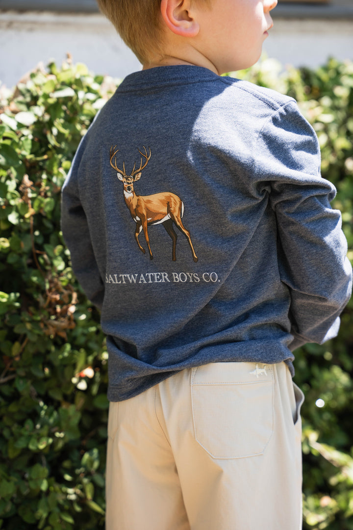 Heather Blue Long Sleeve Boys Tee with Deer
