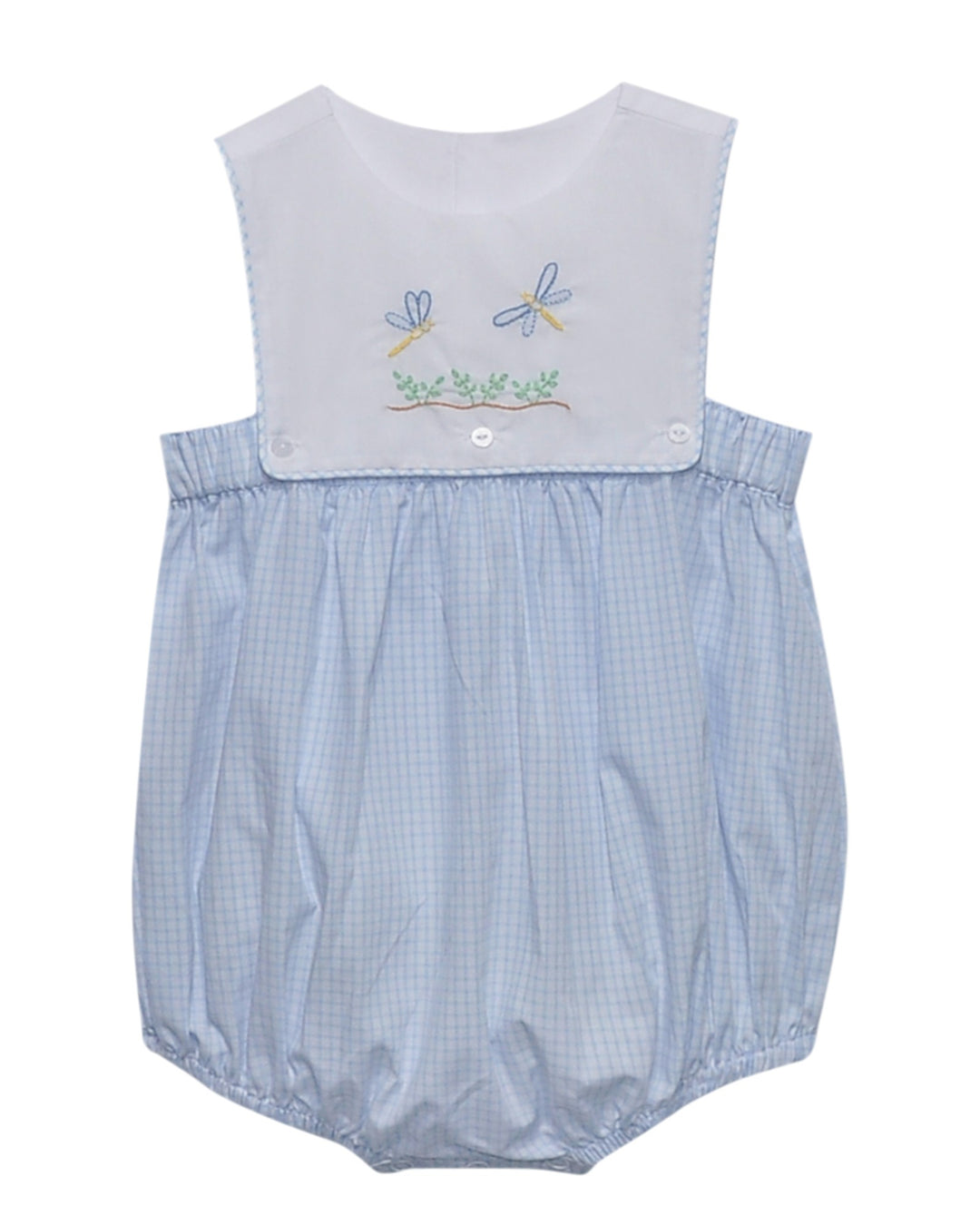 Light blue checkered baby romper with embroidered dragonflies on a white background, that store