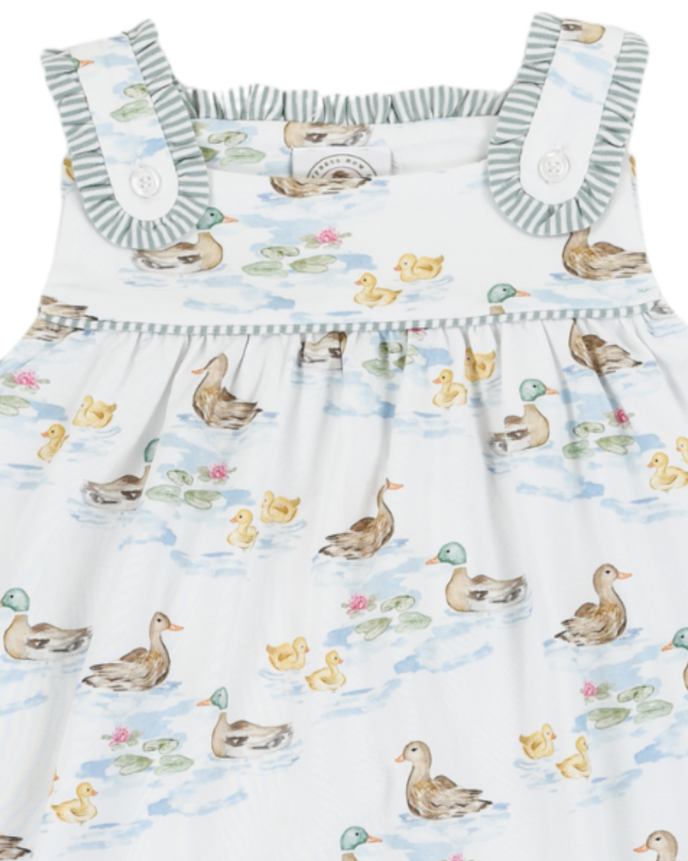 Darling Ducks Girls Green Stripe Dress, That Store, close up