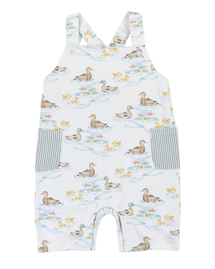 Children's overalls with duck pattern on a white background