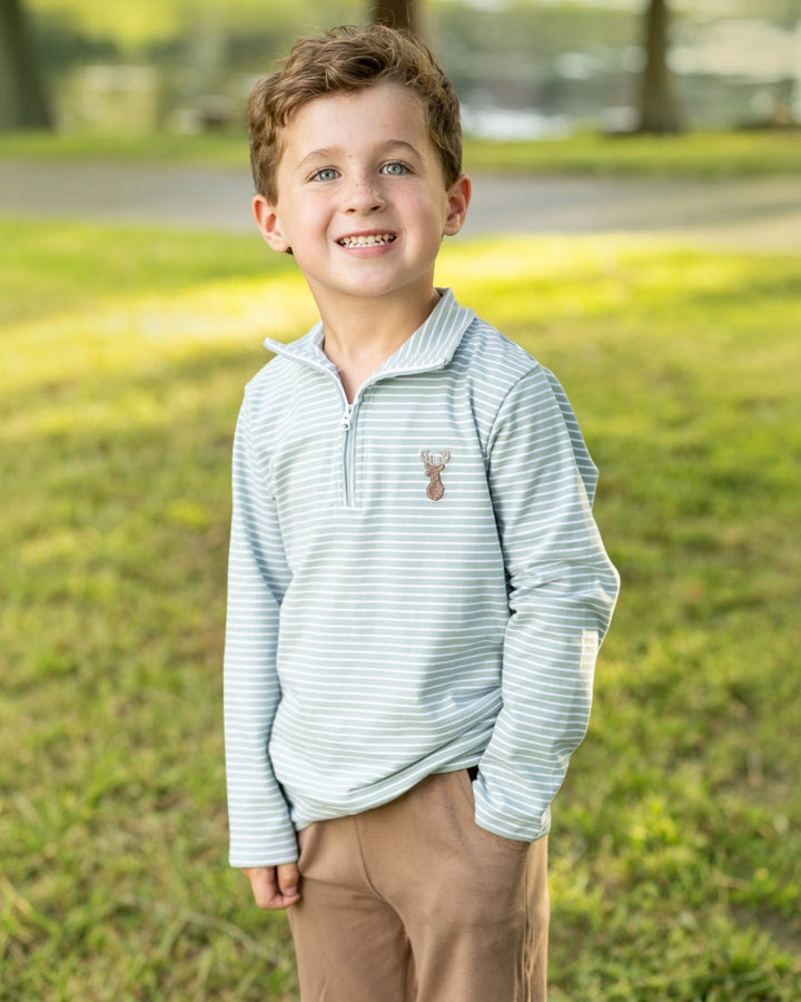 Deer 1/4 Zip Green Stripe Boys Pullover