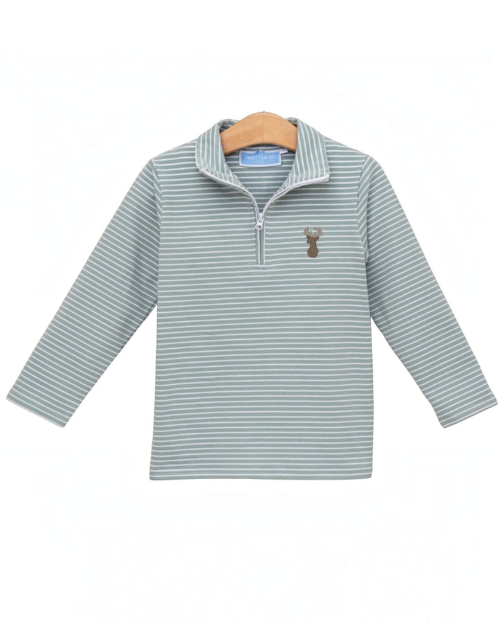 A long-sleeve quarter-zip pullover top with thin horizontal stripes in sage green and white, featuring a small embroidered deer on the left chest, displayed on a wooden hanger against a white background, that store