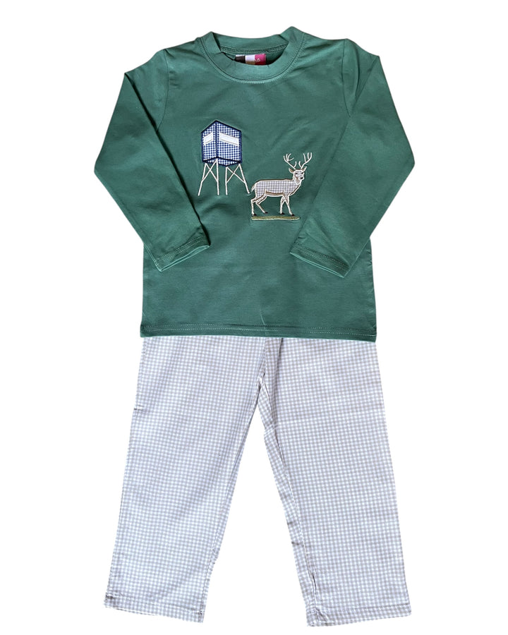 Green long-sleeve shirt with deer design and checkered pants on a white background