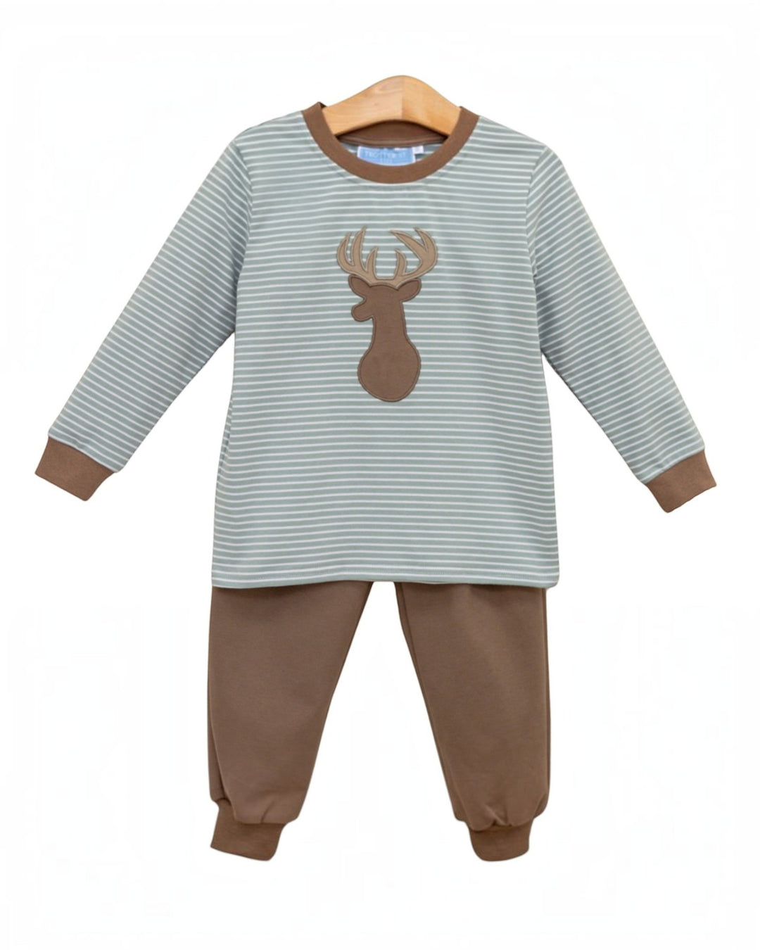 A two-piece baby outfit set featuring a long-sleeve top with thin gray and white stripes, a brown deer applique on the chest, and brown ribbed cuffs and collar, paired with matching brown jogger pants, shown on a wooden hanger against a white background, that store
