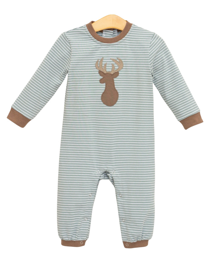 A baby long-sleeve footless one-piece jumpsuit with thin green and white horizontal stripes, brown ribbed trim at the collar, cuffs, and hems, and a brown deer graphic on the chest, shown on a wooden hanger against a white background, that store